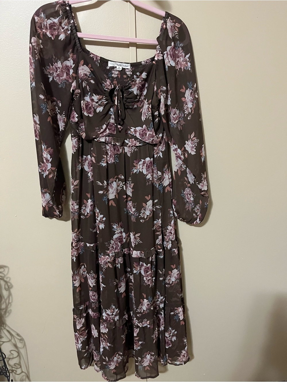 Rewind Brown Floral Maxi Dress with Tie-Front
